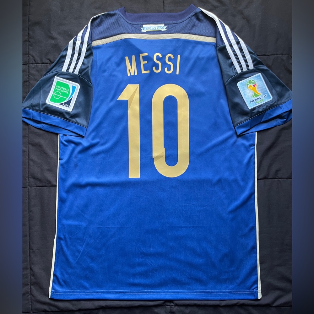 Messi #10 Argentina Away Soccer Jersey Retro Away 2014 Sleeve Badges S-XL